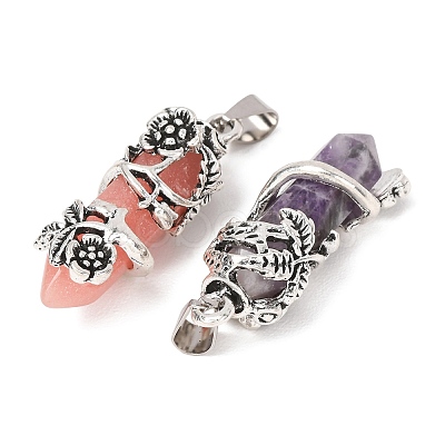 Natural Gemstone Alloy Rose Wrapped Hexagonal Prism Pointed Pendants GG-CBA040B-01AS-1