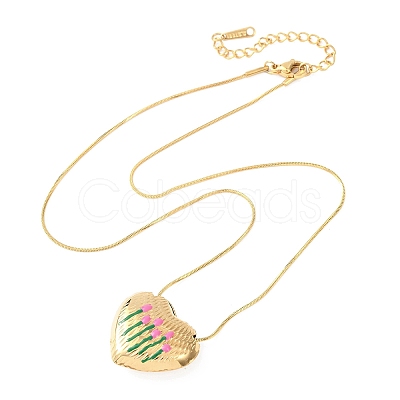 304 Stainless Steel Enamel Heart with Flower Pendant Necklaces for Women NJEW-D347-01G-01-1