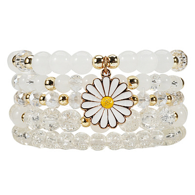 Bohemian Glass & Plastic Beads Strertch Bracelets & Sunflower Zinc Alloy Enamel Charm Bracelets FS-WG4AF45-01-1