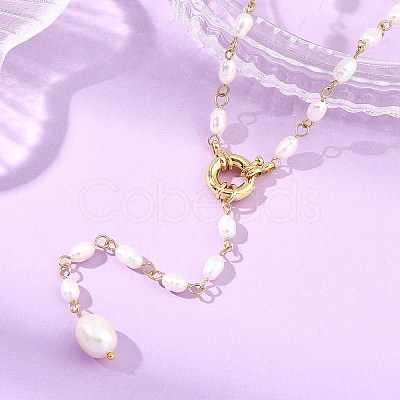 Adjustable 304 Stainless Steel Natural Pearl Rice Link Chain Lariat Y Tassel Necklaces for Women NJEW-JN06148-1
