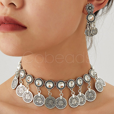 Alloy Rhinestone Flat Round Coin Tassel Necklaces & Stud Dangle Earrings Sets FS-WG925BB-03-1