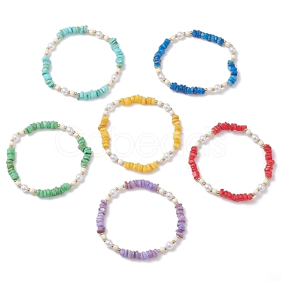 6Pcs 6 Colors Natural Freshwater Shell Chip & ABS Plastic Imitation Pearl Beaded Stretch Bracelets BJEW-JB12727-1