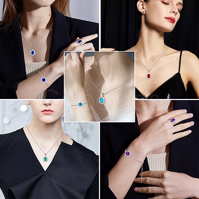 Cubic Zirconia Oval Pendant Necklace & Link Bracelet & Cuff Ring & Stud Earrings SJEW-SZC0001-01C-1