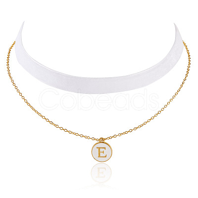 Alloy Enamel Letter Pendant Single Face White Velvet Ribbon & Brass Chain Double Layered Choker Necklaces NJEW-TAC0034-1