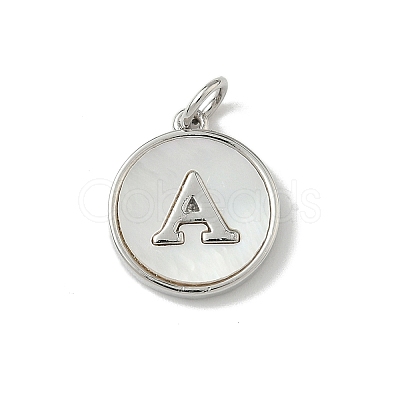 Brass Pave Natural Shell Flat Round with Letter A~Z Charms KK-Z115-13P-1
