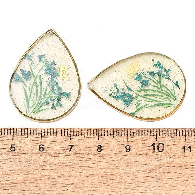 Brass & Transparent Epoxy Resin & Dried Flower Pendants RESI-G133-02G-02-1