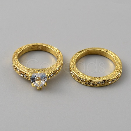 2Pcs 2 Style Cubic Zirconia Heart Finger Rings RJEW-WH0016-02G-02-1