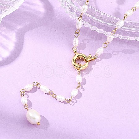 Adjustable 304 Stainless Steel Natural Pearl Rice Link Chain Lariat Y Tassel Necklaces for Women NJEW-JN06148-1