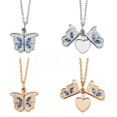 4Pcs 2 Colors Alloy Pave Cornflower Blue Glass Blank Butterfly Locket Pendant Necklaces for Women NJEW-DR0001-10-1