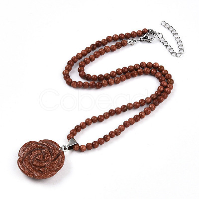 Synthetic Goldstone 4.5mm Round Beaded Flower Pendant Necklaces NJEW-T016-04J-1