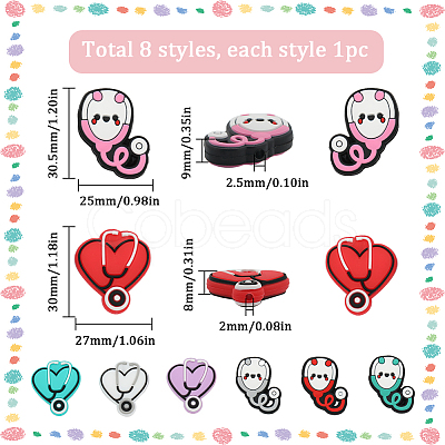 SUNNYCLUE 8Pcs 8 Style Stethoscope Food Grade Eco-Friendly Silicone Beads SIL-SC0001-35-1