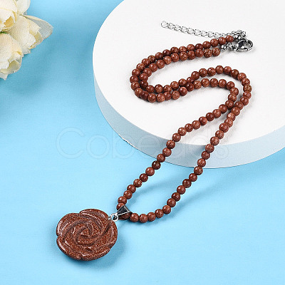 Synthetic Goldstone 4.5mm Round Beaded Flower Pendant Necklaces NJEW-T016-04J-1