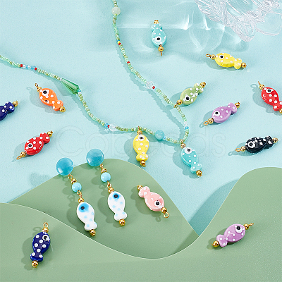 Hand Painted Polka Dot Evil Eye Fish Shaped Glazed Porcelain Pendants PALLOY-GA00055-1