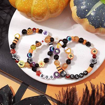 3Pcs 3 Styles Halloween Theme Resin & Polymer Clay & Glass Beaded Stretch Bracelets BJEW-JB10876-1