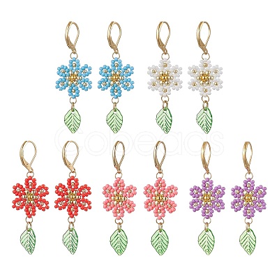 304 Stainless Steel Flower with Leaf Leverback Earrings EJEW-MZ00456-1