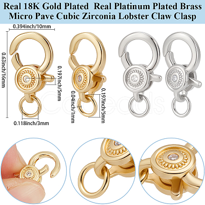 6Pcs 2 Colors Brass Micro Pave Cubic Zirconia Lobster Claw Clasps ZIRC-BBC0003-27-1
