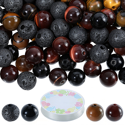 DIY Natural Black Onyx & Lava Rock & Tiger Eye Round Beads Bracelets Making Kits DIY-SC0030-25-1