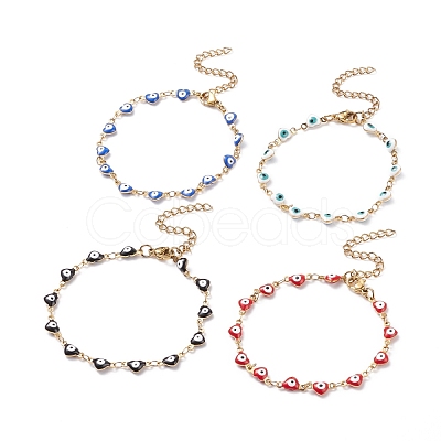 Enamel Heart with Evil Eye Link Chains Bracelet BJEW-P271-07G-1
