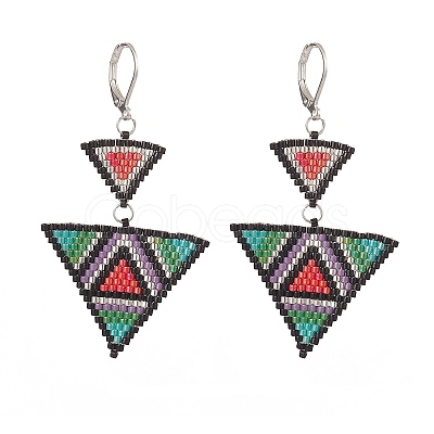 Glass Seed Beaded Triangle Dangle Leverback Earrings EJEW-MZ00044-1