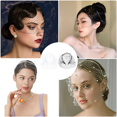 2Pcs 2 Colors Bridal Rhinestones Pearl Mesh Veil Cloth Hair Bands MRMJ-GF0001-50A-1