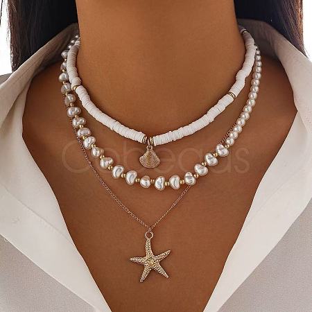 Summer Beach Alloy Starfish Pendant Shell & Imitation Pearl Beaded 3 Layer Necklaces for Women FS-WGA3F17-02-1