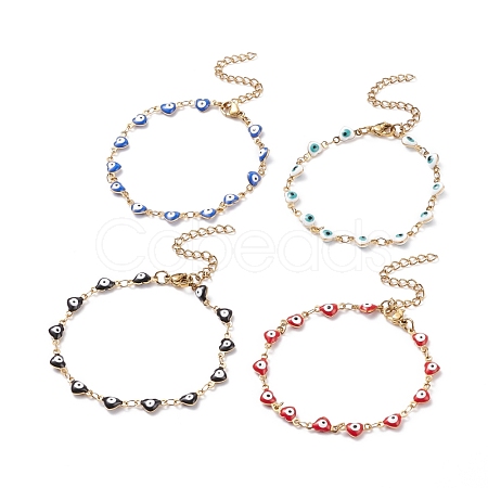 Enamel Heart with Evil Eye Link Chains Bracelet BJEW-P271-07G-1