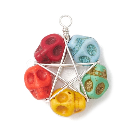 Halloween Dyed Synthetic Turquoise Skull Beaded Pendants PALLOY-TA00296-1