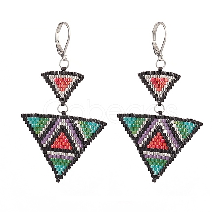Glass Seed Beaded Triangle Dangle Leverback Earrings EJEW-MZ00044-1