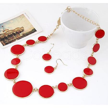 Alloy Enamel Flat Round Link Chain Necklaces & Dangle Earrings Sets for Women FS-WG50978-01-1