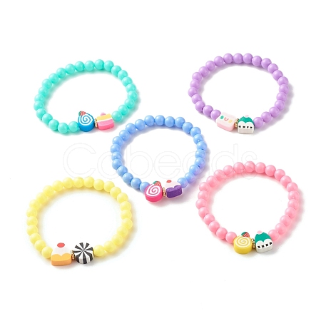 Candy Color Plastic Round Beaded Stretch Bracelet with Food Shape Polymer Clay for Kid BJEW-JB07582-1