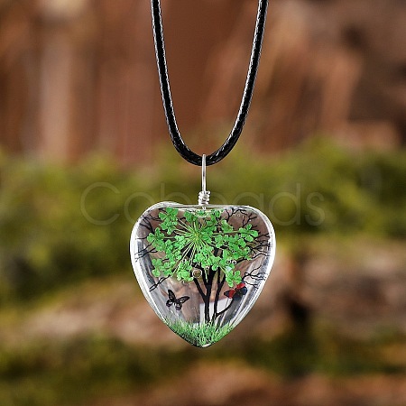 Heart Glass with Dried Flower Tree Inner Pendant Black Waxed Cord Necklaces FS-WG87A6D-04-1