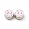 Rack Plating Alloy Enamel Beads, Cadmium Free & Nickel Free & Lead Free, Flat Round with Smiling Face Pattern, Platinum, Pearl Pink, 7.5x4mm, Hole: 2mm