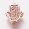 Brass Cubic Zirconia Beads, Hamsa Hand/Hand of Fatima/Hand of Miriam, Clear, Rose Gold, 9.5x8.5x4mm, Hole: 2mm