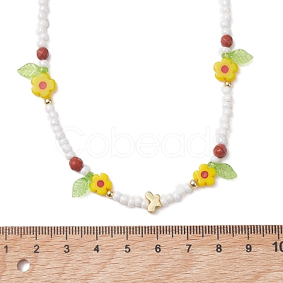 3Pcs 3 Colors Faceted Round Natural Red Jasper & Dyed White Jade & Agate & Flower Handmade Millefiori Glass & Glass Seed Beaded Necklaces for Women NJEW-MZ00150-1