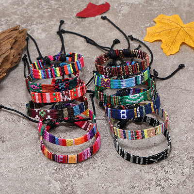 12Pcs Adjustable Ethnic Style Cotton Cord Braided Bracelets for Men Women FS-WGF0782-01-1
