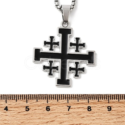 Jerusalem Cross Alloy Enamel Black Pendant 201 Stainless Steel Box Chain Necklaces NJEW-Z109-01P-1
