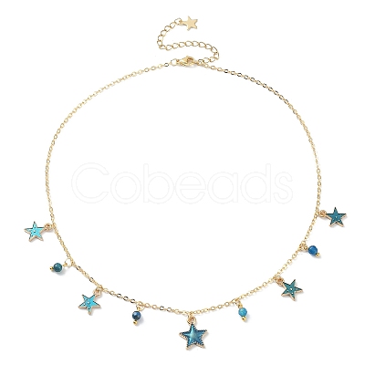 Natural Agate Round & Alloy Enamel Star Charms Bib Necklace with 304 Stainless Steel Chains NJEW-JN04404-03-1