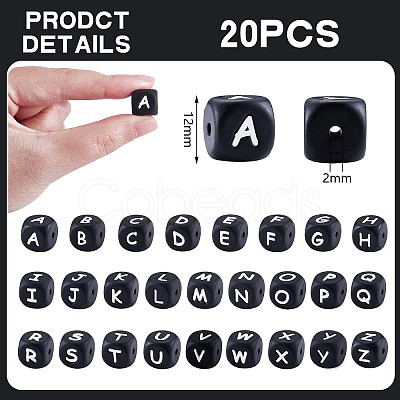 20Pcs Black Cube Letter Silicone Beads 12x12x12mm Square Dice Alphabet Beads with 2mm Hole Spacer Loose Letter Beads for Bracelet Necklace Jewelry Making JX433A-1