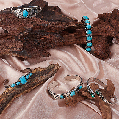 6Pcs 6 Styles Alloy Synthetic Turquoise Cuff Bangles for Women BJEW-ME0001-18-1