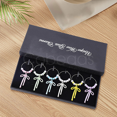 6Pcs 6 Colors Alloy Enamel Bowknot Glass Seed Beaded Wine Glass Charms AJEW-SC00076-1