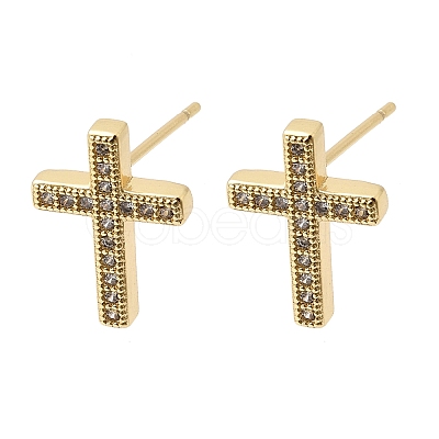 Cross Brass Micro Pave Clear Cubic Zirconia Stud Earrings EJEW-C186-18G-01-1