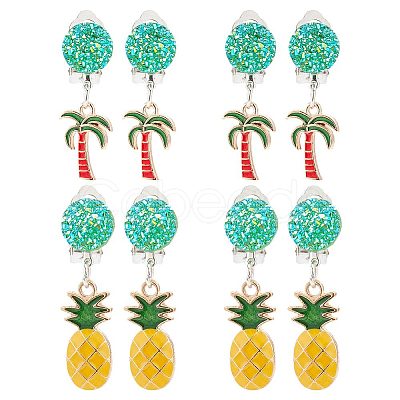 ARRICRAFT 4 Pairs 2 Style Coconut Tree & Pineapple Enamel Dangle Clip-on Earring EJEW-AR0001-08-1