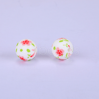 Printed Round with Flower Pattern Silicone Focal Beads SI-JX0056A-169-1