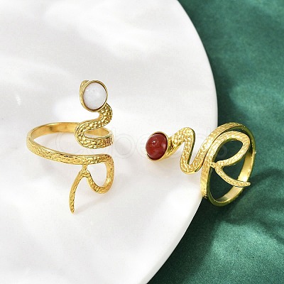 316 Stainless Steel with Natural Mixed Gemstone Cuff Rings RJEW-Z098-01G-07-1