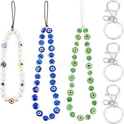 3Pcs 3 Style Glass Pearl & Lampwork & Glass Seed Beads Mobile Straps KEYC-OC0001-19-1