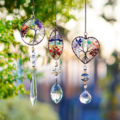 1Pc Wire Wrapped Alloy & Natural Mixed Stone Chips Tree of Life Hanging Suncatchers HJEW-TA0001-45B-1