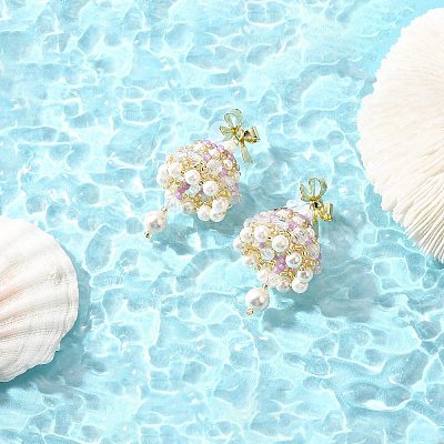 Naturla Shell Pearl Bell with Alloy Bowknot Dangle Stud Earrings EJEW-MZ00089-1