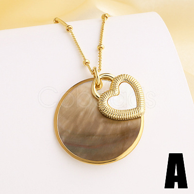 Brass & Natural Paua Shell Flat Round with Heart Pendant Necklaces for Women WG481B6-01-1