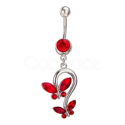 Piercing Jewelry Real Platinum Plated Brass Rhinestone Double Butterfly Navel Ring Belly Rings AJEW-EE0001-41C-1