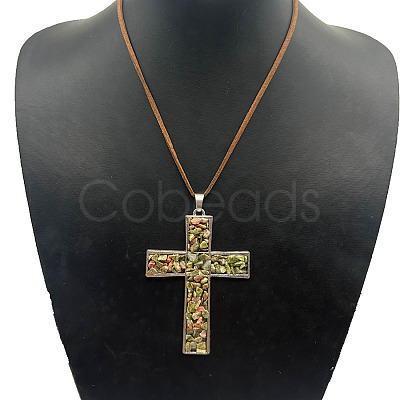 Eco-friendly Zinc Alloy & Natural Chip Unakite Handmade Cross Pendant Cord Necklaces for Women Men RL5831-2-1